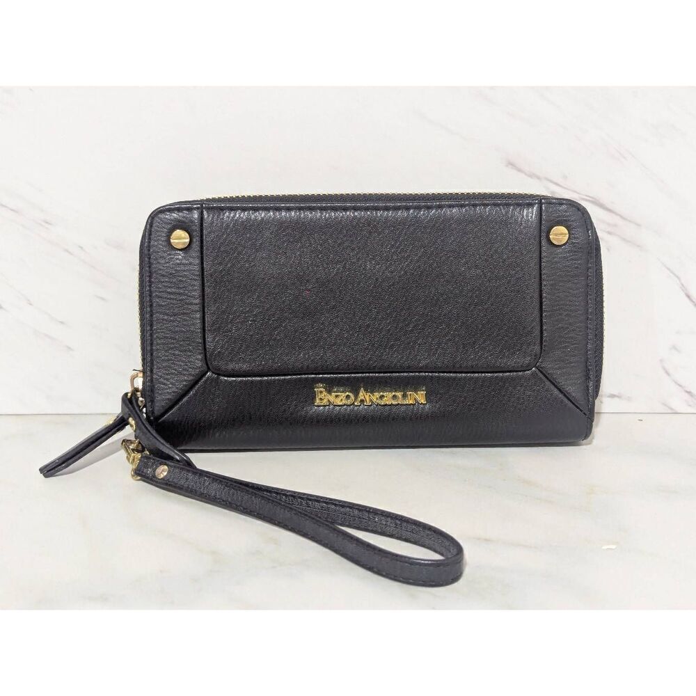 Enzo Angiolini Women's Black Leather Two Compartment Zip Close Wristlet Wallet